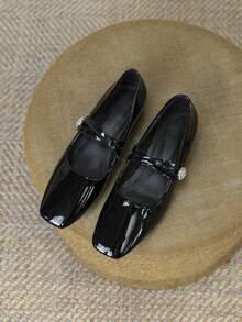 Women's Colorblock Handmade Low Heel Mary Jane Pumps, Super Soft Leather Shoes With Chunky Heel, Comfortable For Commuting, All Season - Black - View 2