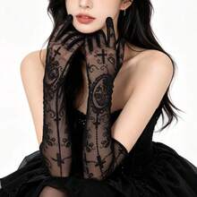 1 Pair Gothic Cross Rose Mesh Long Gloves, Dark Style Lace Embroidered Gloves, Halloween Cosplay Masquerade Party Costume Accessory Prop - A - View 1