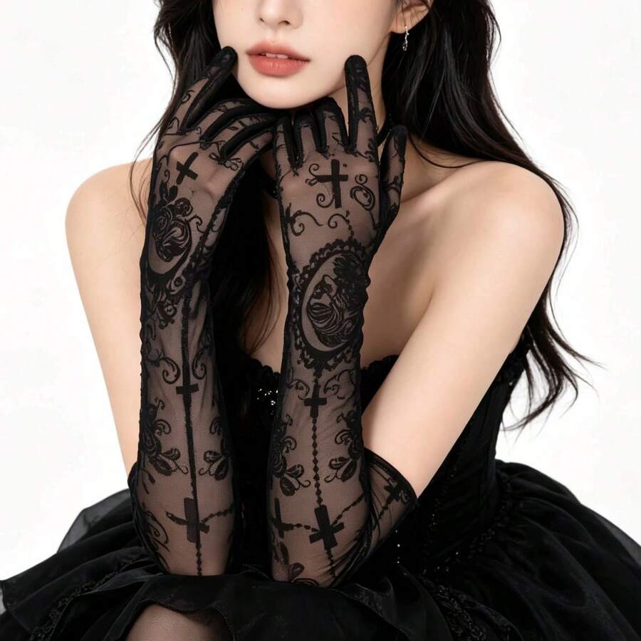 1 Pair Gothic Cross Rose Mesh Long Gloves, Dark Style Lace Embroidered Gloves, Halloween Cosplay Masquerade Party Costume Accessory Prop - A - View 1