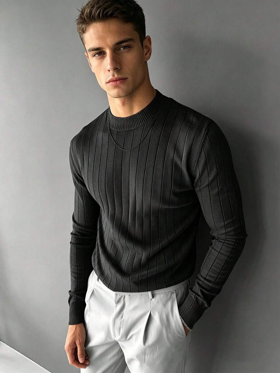 Men's Old Money Thick Versatile Sweater, Long Sleeve Top - Black - View 1