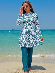 Muslim Style Floral Print Burkini, Long Bell Sleeve Top With Leggings, Elegant Full Coverage Swimwear For Vacation - Multicolor - View 1