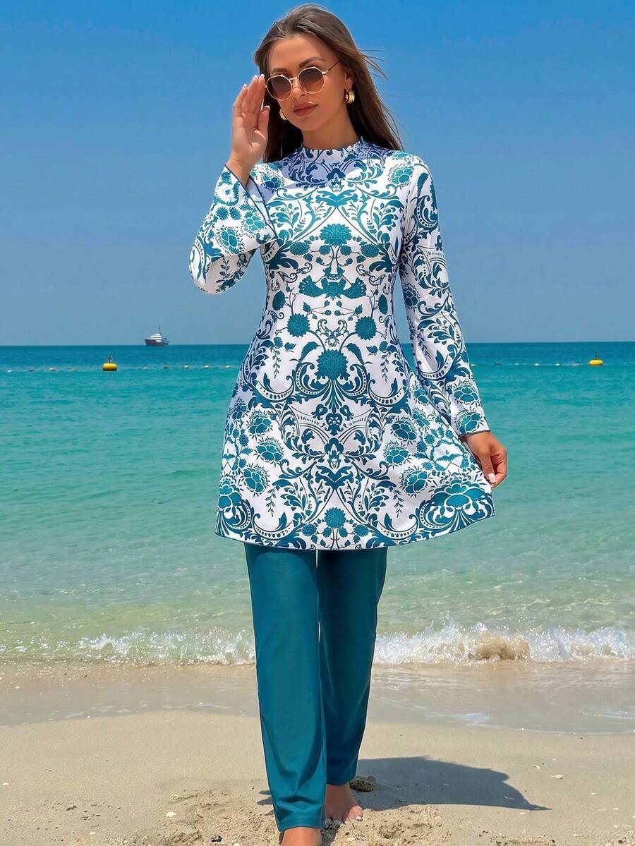 Muslim Style Floral Print Burkini, Long Bell Sleeve Top With Leggings, Elegant Full Coverage Swimwear For Vacation - Multicolor - View 1