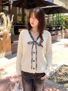 Women's Small Plaid Lace-Up Colorblock Knitted Sweater, V-Neck Single-Breasted Cable Knit Cardigan, Autumn/Winter New Style - White - View 6