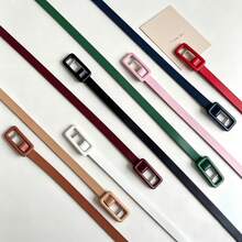Women Minimalist Solid PU Skinny Waist Belt, Square Punch‑Free Buckle Decor Accessory For Campus Summer Fall Autumn Halloween Daily Outfit Matching - Small Bag Buckle Thin Belt - View 8