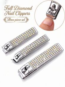 3pcs Luxury Rhinestone Nail Clipper Set, Stainless Steel Sharp Blade Nail Trimmer, Suitable For Fingernails And Toenails, Portable Manicure And Pedicure Tools, Ideal Beauty Gift For Women And Men - Silver - View 1
