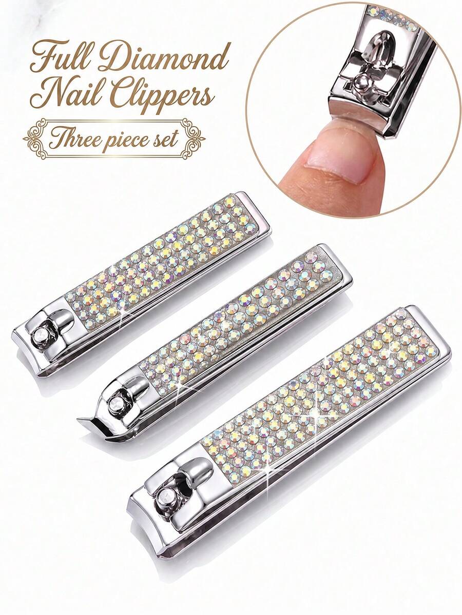 3pcs Luxury Rhinestone Nail Clipper Set, Stainless Steel Sharp Blade Nail Trimmer, Suitable For Fingernails And Toenails, Portable Manicure And Pedicure Tools, Ideal Beauty Gift For Women And Men - Silver - View 1