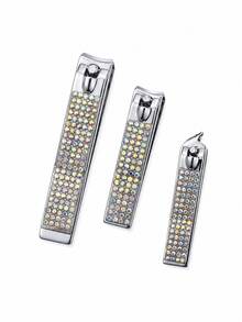 3pcs Luxury Rhinestone Nail Clipper Set, Stainless Steel Sharp Blade Nail Trimmer, Suitable For Fingernails And Toenails, Portable Manicure And Pedicure Tools, Ideal Beauty Gift For Women And Men - Silver - View 3