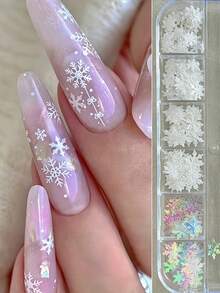12格混色全息雪花美甲亮片，3D白色閃粉冬季雪花美甲裝飾，聖誕節假期冬季新年美甲配件，適合女性與女孩 - 彩色 - 查看 3