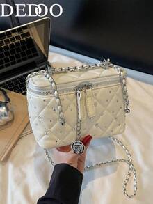 Dedoo Fashionable Diagonal Shoulder Chain Bag, Structured Square Box Bag, Rhinestone Embellished Shiny Quilted Bag For Women - White - View 12