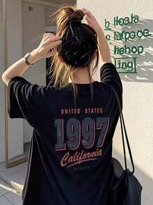 Japanese-Style Women's Loose-Fit Crew Neck Casual T-Shirt With Number And Letter Print For Spring And Summer. - Black - View 2