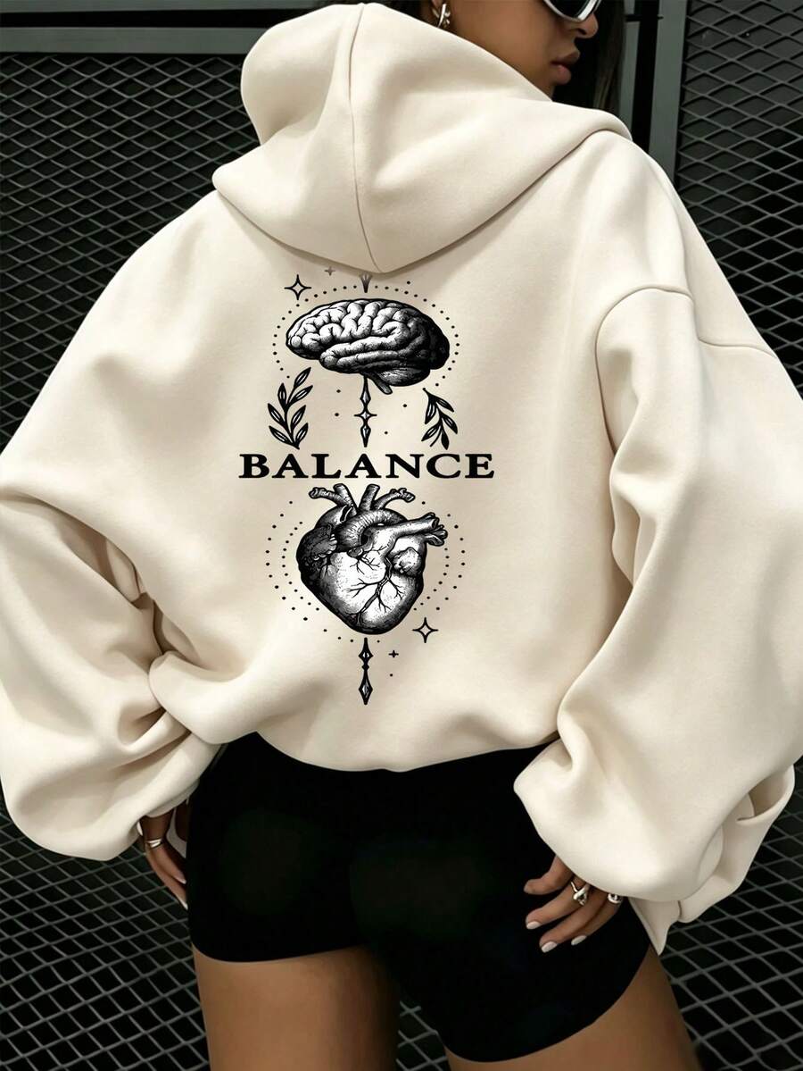 Sweatshirt Wanita dengan Tali Serut dan Kantong, Motif Leopard, Burung & Huruf di Dada, Kain Lembut, Sweatshirt Kasual Longgar untuk Musim Gugur/Dingin - Aprikot - View 1