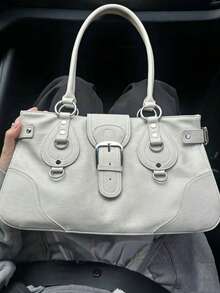 Tote Bag With Metal Buckle Decor Design, Large Capacity Storage Space, Zipper And Snap Closure, Handheld Underarm Bag Style, Suitable For Daily Outings And Commuting Occasions, Versatile For Various Outfit Styles, Exquisite Craftsmanship, Meets Diverse Carrying Needs - Beige - View 7