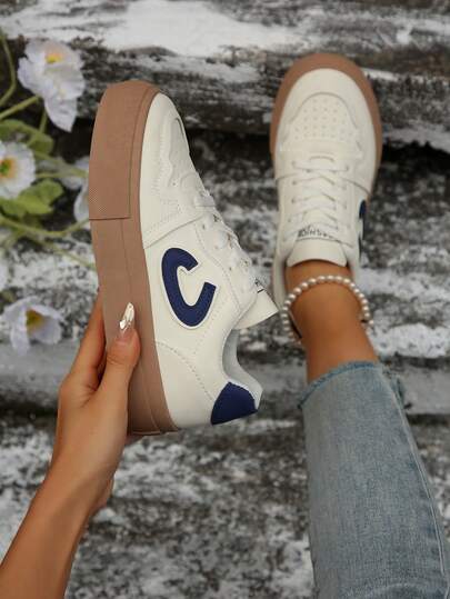 White & Grey Contrast Striped Air Cushion Thick Sole Chunky Sneakers For Women, Retro Patchwork Lace-Up Wedge Heel Height-Increasing Sneakers, Lightweight Shock-Absorbing Anti-Slip Casual Shoes For Daily Commute, Campus, Versatile