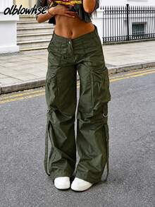 Women's Y2K Streetwear Flap Pocket Strap Detail Loose Casual Wide Leg Parachute Cargo Pants Spring - Army Green - View 8