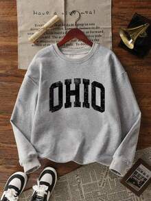 Es Trus Plus Sweatshirt Wanita Retro Motif "Huruf OHIO" Musim Gugur/Dingin, Nyaman untuk Berpergian, Gaya Y2k, Abu-abu, Ukuran Besar, Leher Bulat - Grey - View 2