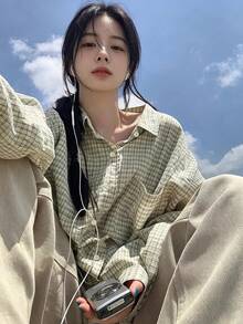YCYC 韓系復古小眾 Ins 風格 百褶格紋長袖 Polo 衫 女款慵懶外套 - 米色 - 查看 1