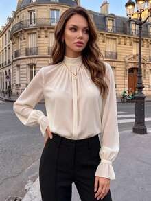 Solid Color Elegant Women's Ruffle Casual Sophisticated Lady Style Blouse, Autumn Lantern Puff Long Sleeve Mature Workplace French Chiffon Ruched Stand Collar Commute Shirt - White - View 3