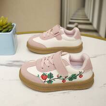 Girls' Pink And White Colorblock Training Shoes, Strawberry Embroidery Hook And Loop Retro Rubber Sole Casual Sneakers - Pink - View 9