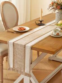 ABEST6522 Home&Living store Poly Linen Blend Woven Table Runner, Farmhouse Style Table Runner With Crochet Trim & Tassel Fringe, Decorative Table Cover For Dining Table, Banquet, Thanksgiving, Christmas & Daily Household Decor - Multicolor - View 3
