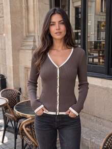 Vintage Brown & White Contrast V-Neck Knitted Cardigan, Vertical Ribbed Metal Button Slim Fit Waist Women's Commute Casual Elastic Long Sleeve Contrast Knit Jacket, Suitable For Office Commute, Date Afternoon Tea, Daily Shopping - Coffee Brown - View 8