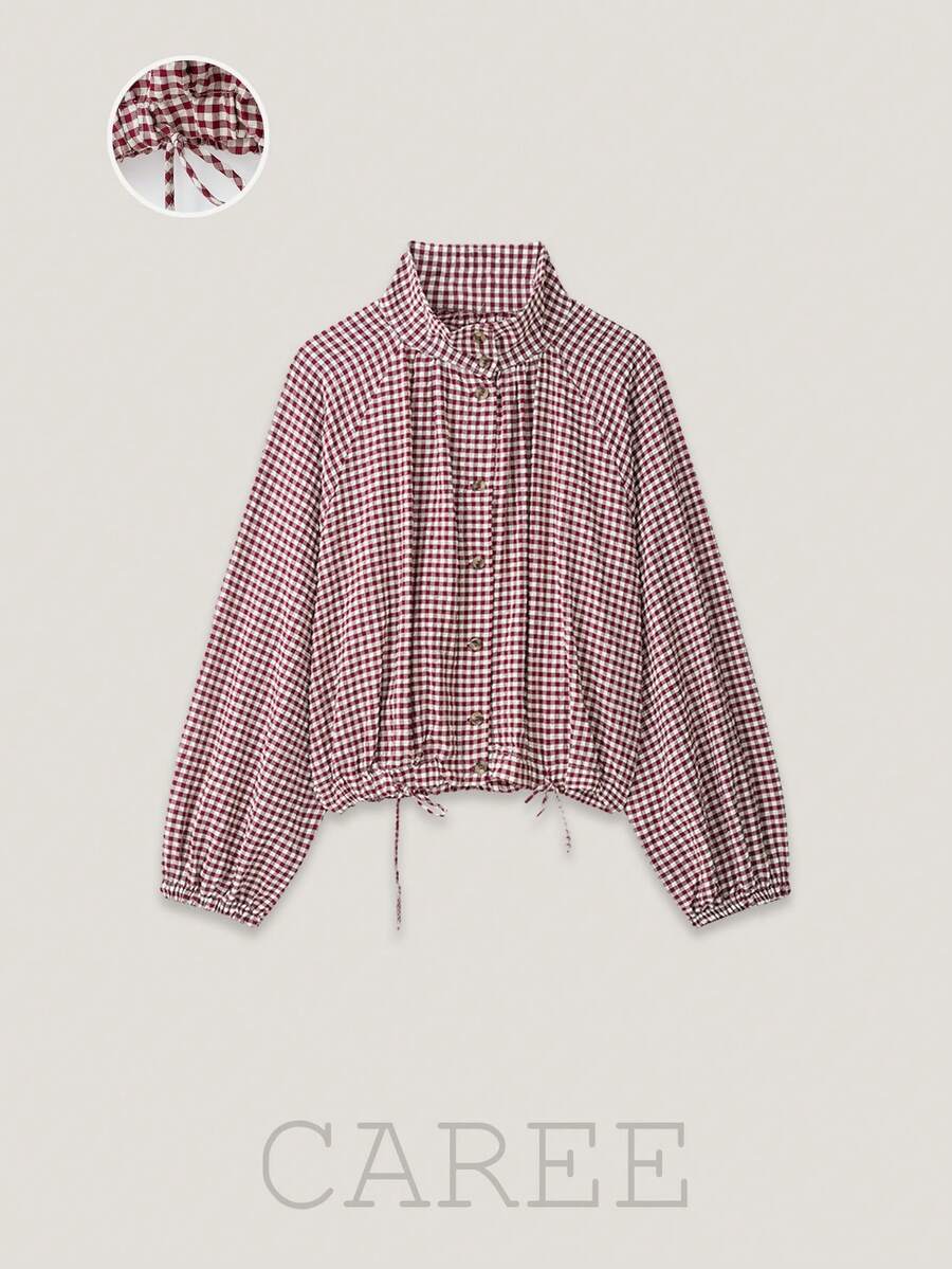 CAREE Women's Autumn/Winter Red Small Plaid Short Jacket, Notch Collar, Dropped Shoulder, Button Front Closure - Multicolor - View 1