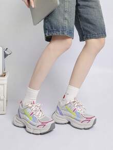 Women Chunky Sneakers, Lace Up Low Top Shoes, Thick Sole Trainers - Hot Pink - View 9