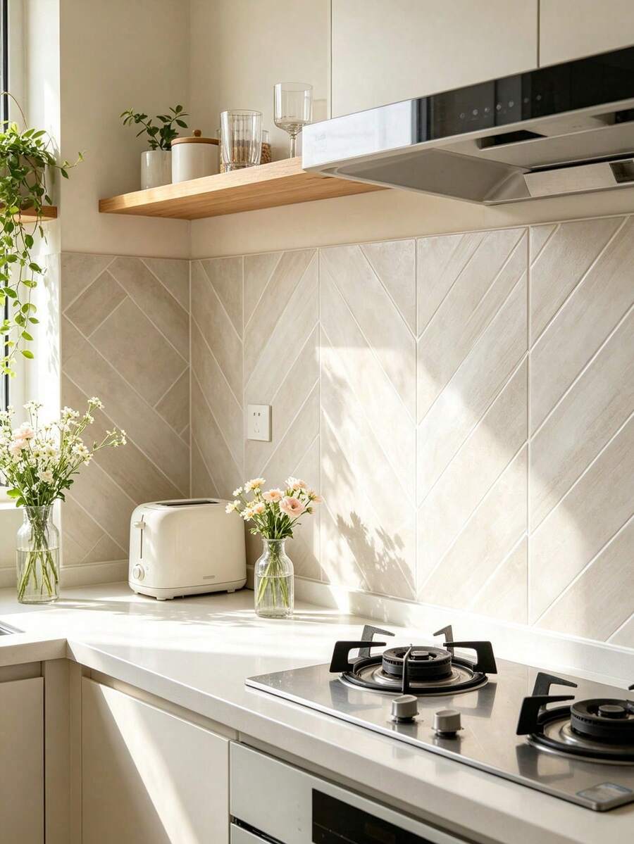 5/30pcs Self-Adhesive Wall Tiles, 7.87in/20cm Per Piece, 2D Peel And Stick Splash-Proof Wall Tiles, Waterproof And Oil-Proof, Suitable For Kitchen And Bathroom, Customizable Kitchen Decor - Beige - View 1