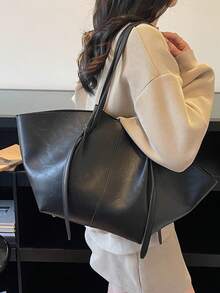 Dedoo Women Soft PU Trapezoid Tote Bag,Solid Color Minimalist Tie Design,Large Capacity Commuter Shoulder Bag,Suitable For Daily Office,Spring/Summer - Black - View 5