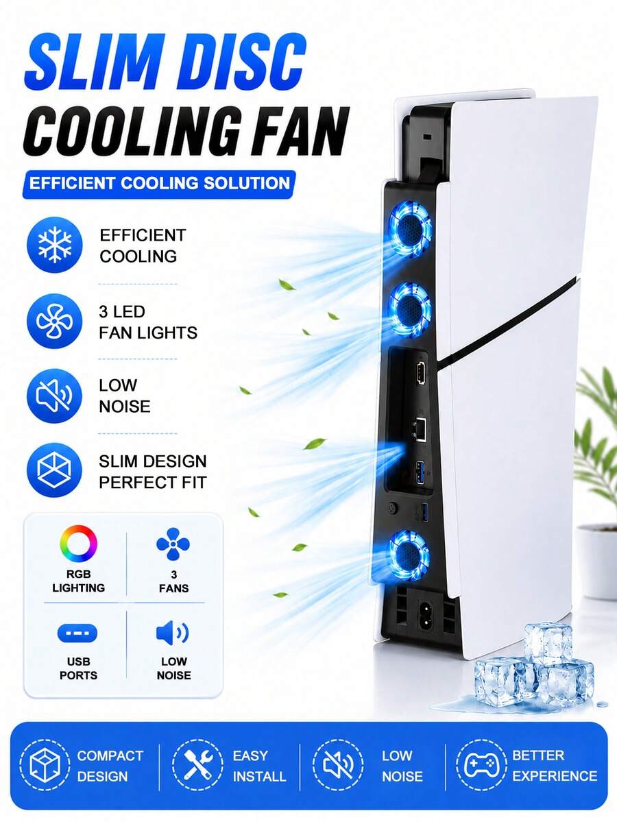 RGB Cooling Fan For Slim Game Console 3 LED Cooling Fans With USB Port Low Noise High-Efficiency Heat Dissipation Cooler Compact Space-Saving Cooling System Easy Installation Gaming Console Cooling Accessory For Home Gaming Setup