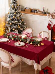 1pc Vintage Christmas Theme Tablecloth, Holiday Family Gathering Banquet Tabletop Atmosphere Decorative Tablecloth - Red - View 6