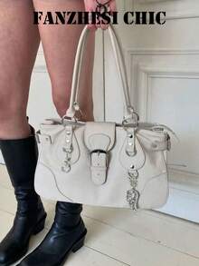 Tote Bag With Metal Buckle Decor Design, Large Capacity Storage Space, Zipper And Snap Closure, Handheld Underarm Bag Style, Suitable For Daily Outings And Commuting Occasions, Versatile For Various Outfit Styles, Exquisite Craftsmanship, Meets Diverse Carrying Needs - Beige - View 1