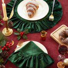 1/2/4pcs Christmas Velvet Round Ruffle Placemats, Nordic Country Style Table Mats - Green - View 4