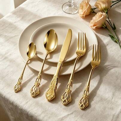 Vintage europäisches Besteckset, geprägter rutschfester Griff Edelstahl Besteckset, spiegelpoliertes Gold/Silber Messer Gabel Löffel Set, einteilig geschmiedetes Tafelgeschirr für Dinnerparty, tägliche Nutzung zu Hause, französischer Tischstil, 18/0 Stahl, 5/10/20/30 Stücke