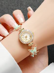Girl Style Butterfly Decor Bracelet Watch, Full Rhinestone Bezel Gold Thin Chain Quartz Wristwatch, Party Accessory, Gift For Girlfriend (1pc/Set) Watch Box Not Included - Green - View 2