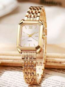 2Pcs Matching Vintage Square Quartz Watch Set For Girl & Kids Girls, Ins Style Gold Metal Band Roman Number Daily Wrist - Pink - View 8