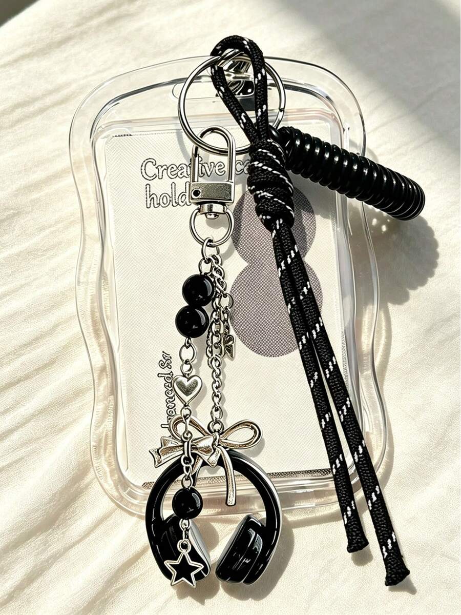 Y2k Exquisite And Fashionable Acrylic Keychain Phone Ring Card Holder, Card Bag Keychain, Transparent Id Card Holder Set, With Detachable And Erasable Sliding Cover, Keychain, Headphone Design, Music Enthusiast, Multifunctional Hanging Rope - Multicolor - View 1