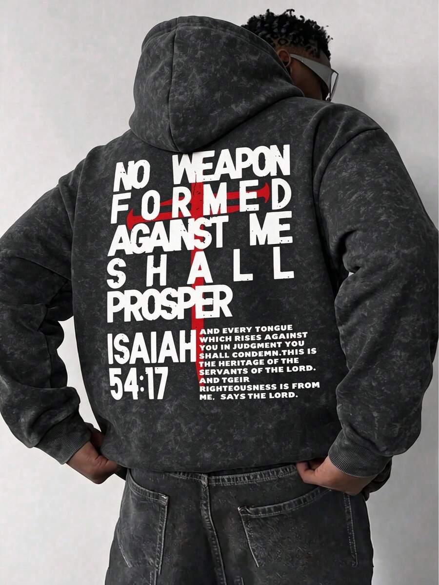 Men's Washed Distressed Hoodie Sweatshirt, Loose Fit With Drawstring, Kangaroo Pocket, Large English Cross Print On Back, Pullover Top, Autumn/Winter - Black - View 1
