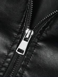 Women's Stand Collar Faux Leather Motorcycle Jacket, Zipper Closure Slim Fit Cropped Biker Coat, Multi-Pocket Design - Black - View 5