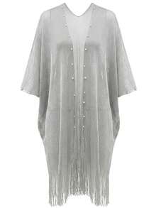 Shiny Beaded Fringe Open Front Women's Shawl, Breathable Mesh Sun Protection Cover-Up, Versatile Scarf Jacket For Banquet Wedding Dress, V-Neck Open Front No-Button Design, Suitable For Daily Wear With Dresses And Inner Layers, Multiple Colors Available - Multicolor - View 12