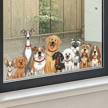 1pc 2D Cartoon Dog Group Window Sticker, Multi-Breed Puppies Leaning On Window Sill, Self-Adhesive Glass Decor For Kitchen And Living Room - Multicolor - View 2