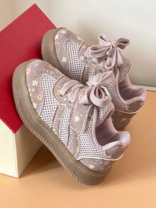 Girls' Floral Patchwork Sneakers With Mesh Breathable Soft Sole And Hook And Loop Closure, Stable Shoes For Home And Outdoor Wear - Pink - View 8