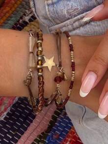 4pcs Vintage Bohemian Style Resin Woven Seed Bead Gold Star Pendant & Small Bell Decor Layered Bracelet Set, Suitable For Women Daily Wear, Autumn, Cafe, Travel, Photography, Gift - Brown - View 2
