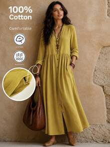 Women's Spring/Autumn V-Neck Open Front Vintage Casual Elegant Minimalist 3/4 Sleeve Loose Dress, Polyester Fabric, Fall Dresses For Women Yellow - Yellow - View 1