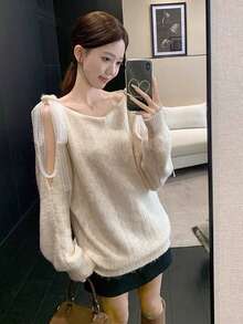 Women's Lace Patchwork Tie Bow Cold Shoulder Sweater, Soft & Cozy Slouchy Loose Slimming Knit Top, Autumn/Winter - Off White - View 1