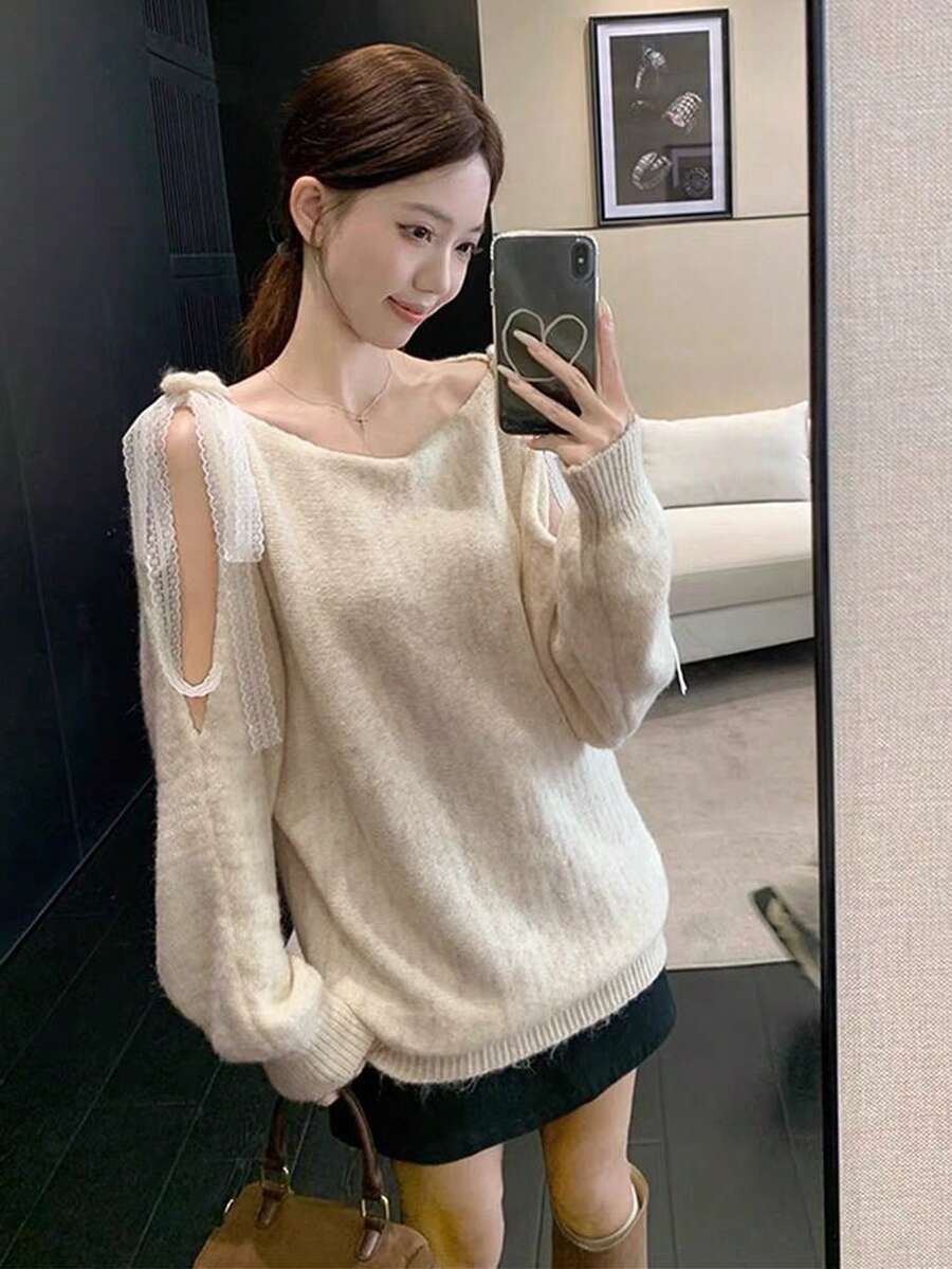 Women's Lace Patchwork Tie Bow Cold Shoulder Sweater, Soft & Cozy Slouchy Loose Slimming Knit Top, Autumn/Winter - Off White - View 1