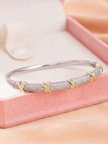 1pc Glam Two‑Tone Alloy Inlaid Cubic Zirconia Cross Knot Design Bangle Bracelet For Girls Teens Birthday Gift Wear - Multicolor - View 3