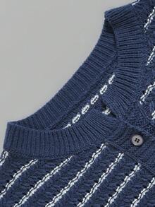 Women Fall Striped Knit Cardigan, Round Neck Long Sleeve Button Front Sweater, Ruffle Hem Drawstring Waist Casual Going Out Tops - Blue and White - View 5