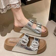 French Fairy Style Thick Sole Strap Slide Sandals For Women, 2026 New Spring/Summer Casual Vacation Beach Flat -Style Slippers - Silver - View 5