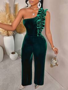 AIJ Amarilo Women's Party Outfit: One-Shoulder Ruffle Waist Wide-Leg Pants Suitable For Going Out, Dating, Gathering And Party, Solid Color Long Jumpsuit, Autumn, Suitable For Back To School, Daily, Commuting, Holiday, Banquet, Party Wear - Dark Green - View 7