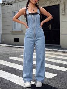 Women's Washed Denim Overalls With Front Zipper Design, Loose Straight Leg Jumpsuit, Summer Outfit Casual Fall - Light Wash - View 1